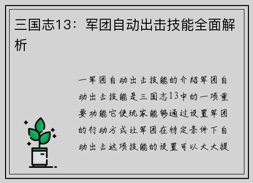 三国志13：军团自动出击技能全面解析