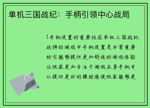 单机三国战纪：手柄引领中心战局